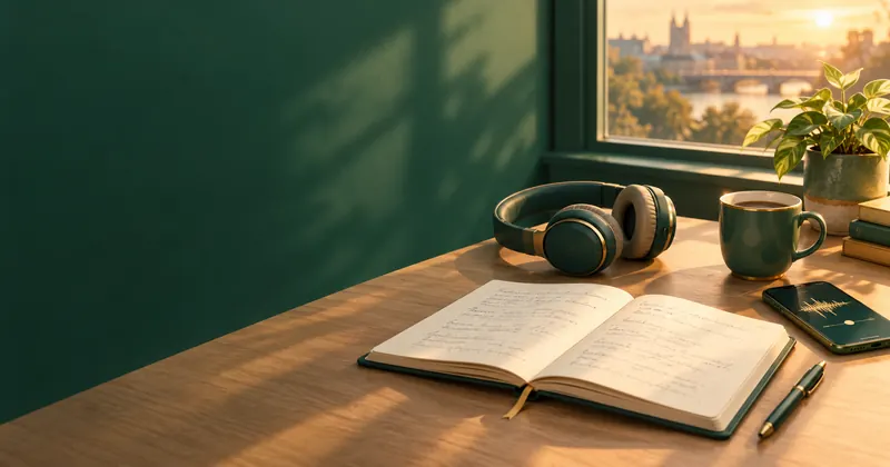 Headphones, an open notebook and a phone playing audio on a desk by the window